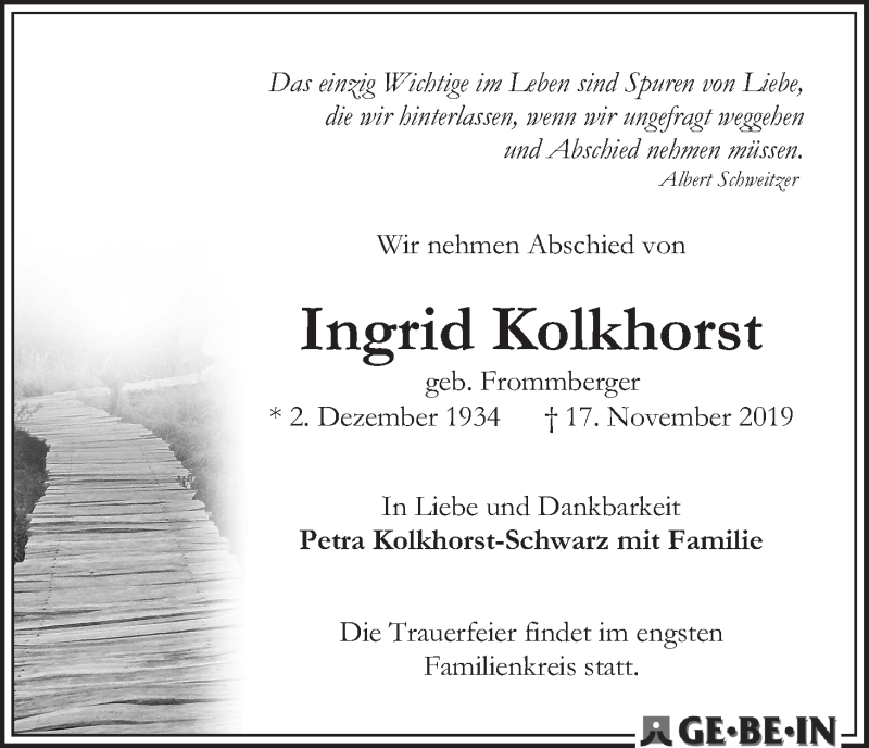 Traueranzeige von Ingrid Kolkhorst von WESER-KURIER