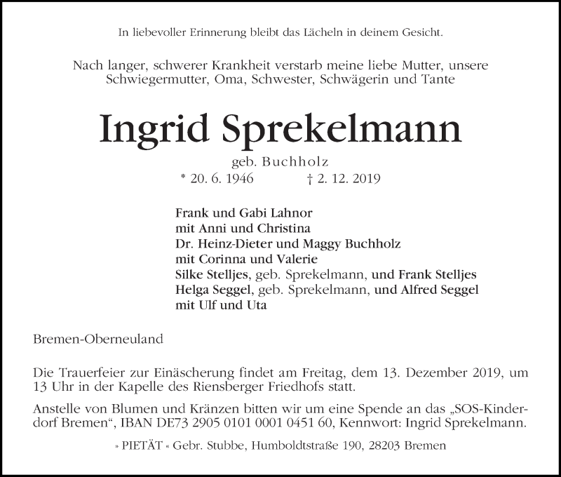 Traueranzeige von Ingrid Sprekelmann von WESER-KURIER