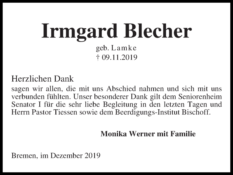 Traueranzeige von Irmgard Blecher von Die Norddeutsche