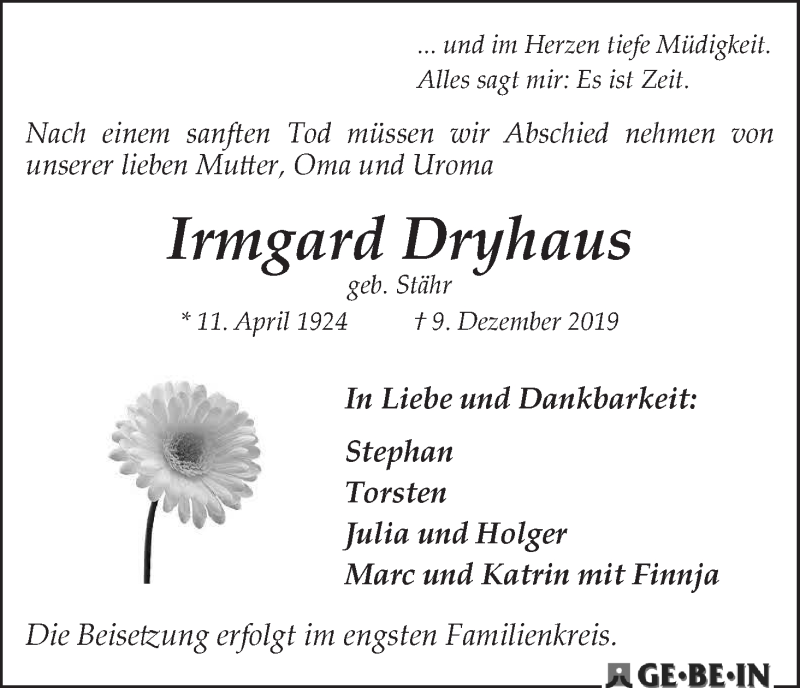 Traueranzeige von Irmgard Dryhaus von WESER-KURIER