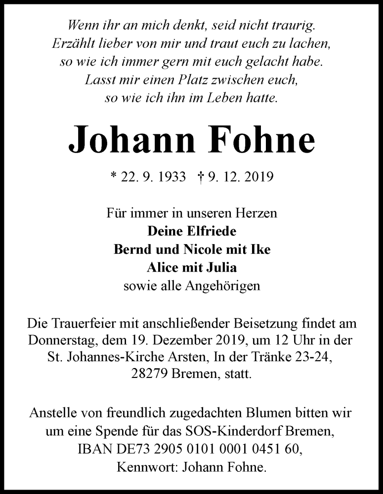 Traueranzeige von Johann Fohne von WESER-KURIER