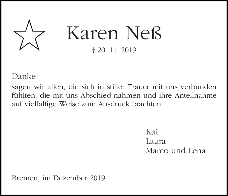 Traueranzeige von Karen Neß von WESER-KURIER