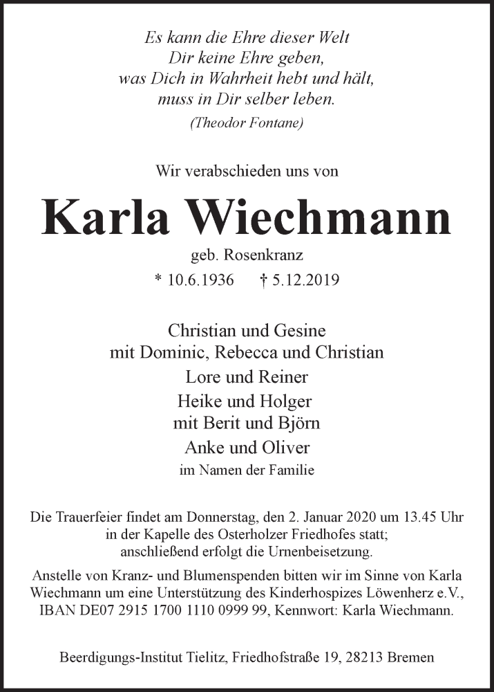 Traueranzeige von Karla Wiechmann von WESER-KURIER