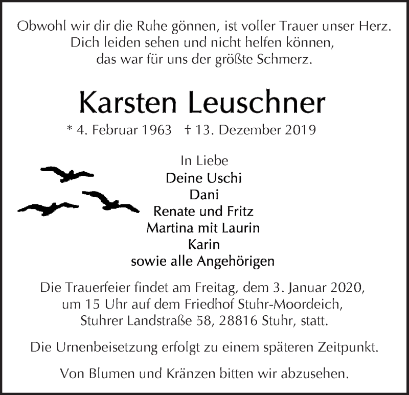 Traueranzeige von Karsten Leuschner von WESER-KURIER
