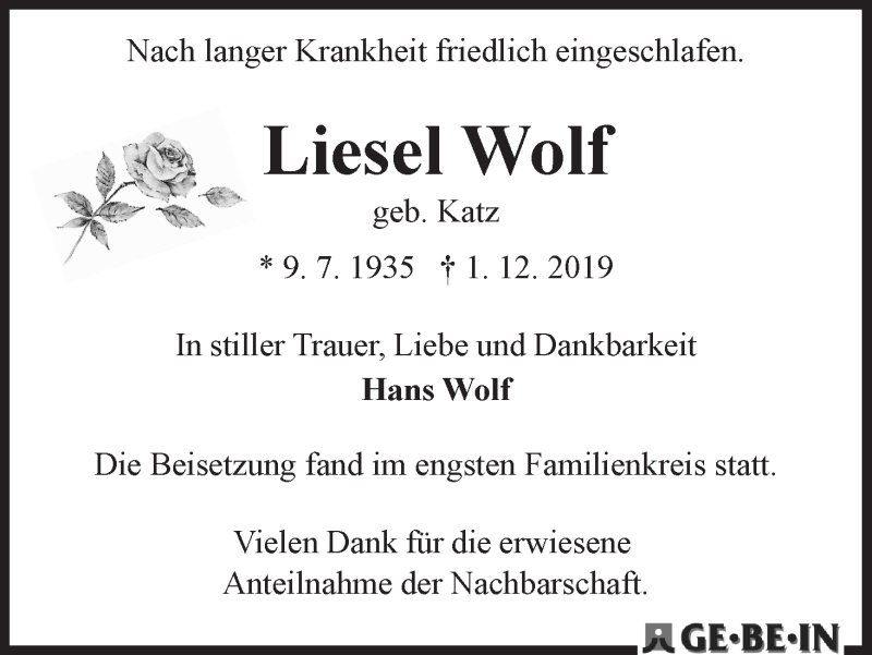 Traueranzeige von Liesel Wolf von WESER-KURIER