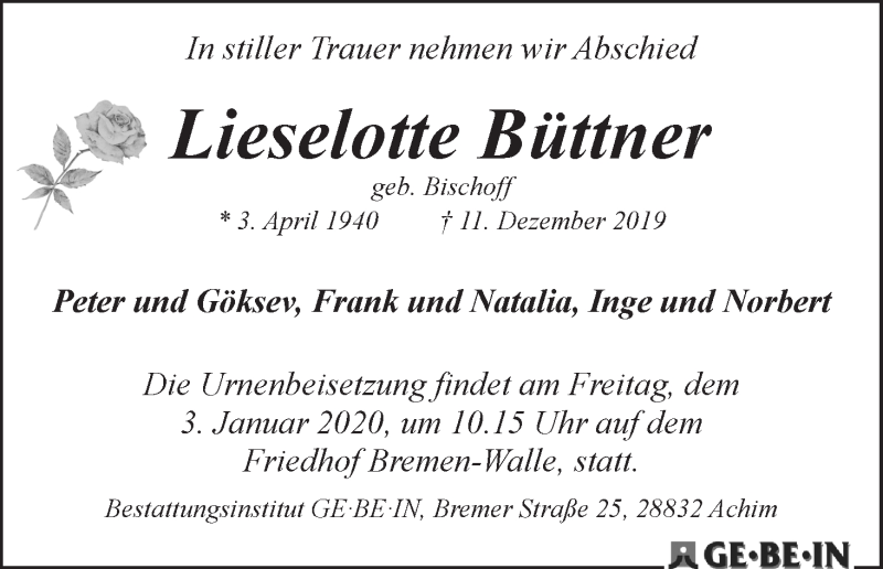 Traueranzeige von Lieselotte Büttner von WESER-KURIER