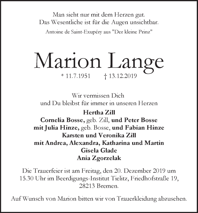 Traueranzeige von Marion Lange von WESER-KURIER