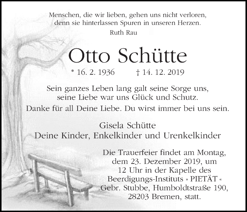 Traueranzeige von Otto Schütte von WESER-KURIER