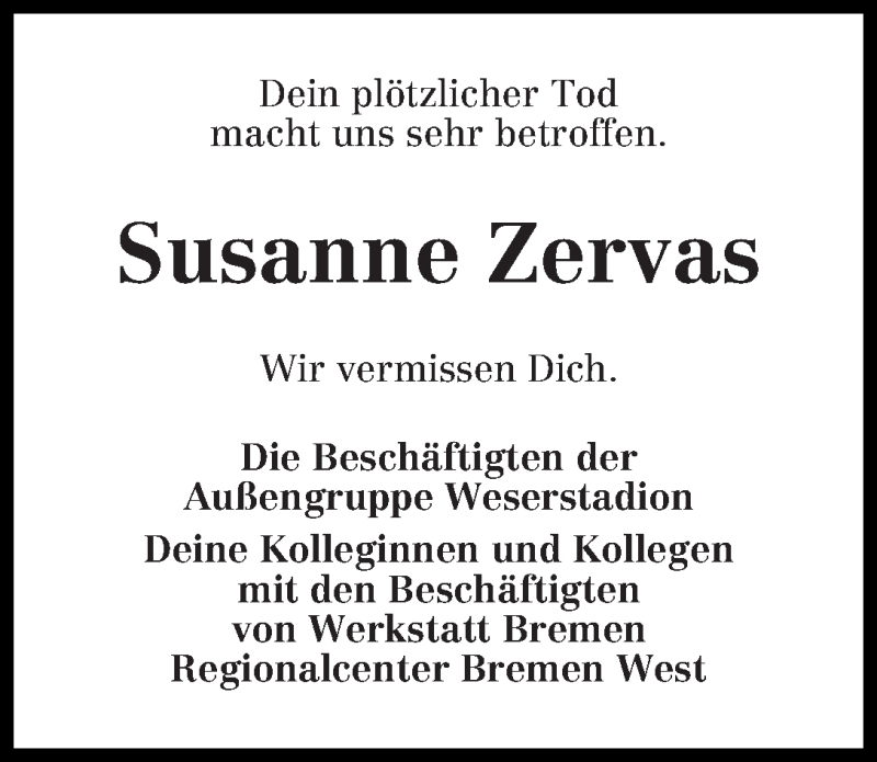 Traueranzeige von Susanne Zervas von WESER-KURIER
