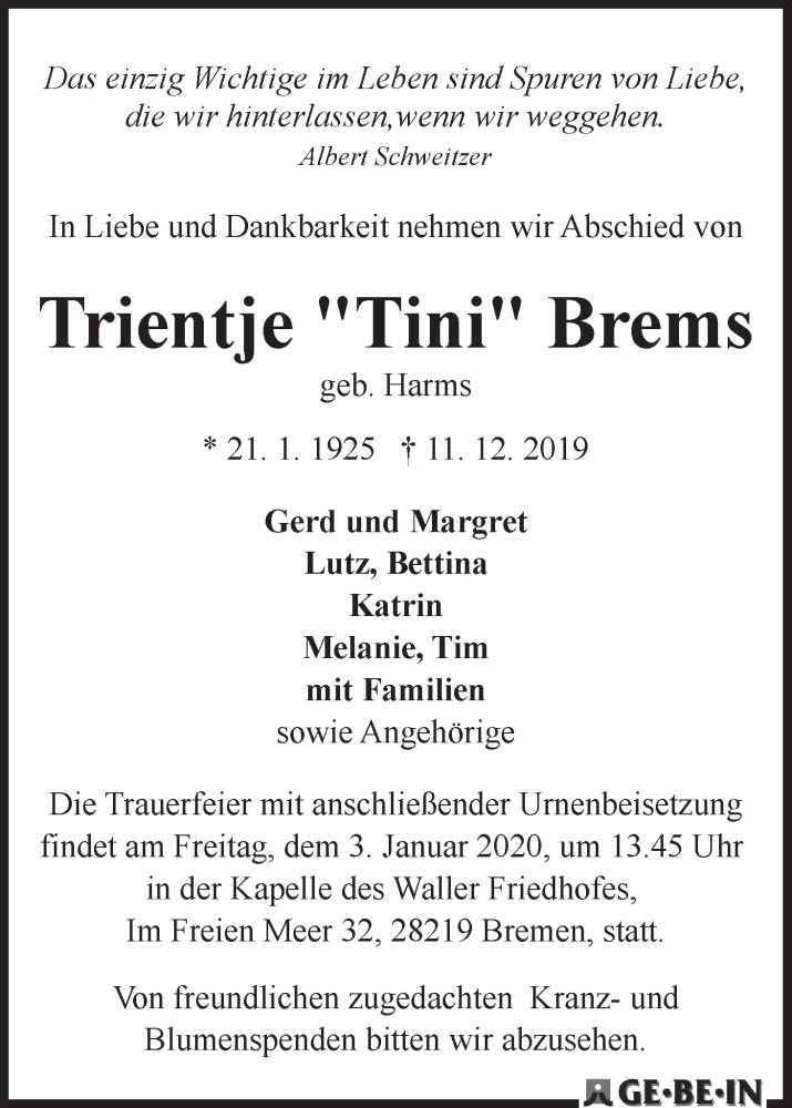Traueranzeige von Trientje 