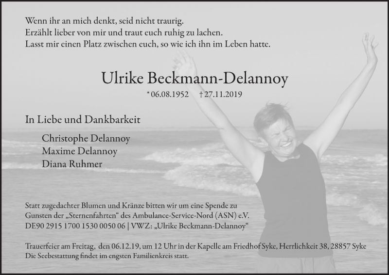 Traueranzeige von Ulrike Beckmann-Delannoy von WESER-KURIER