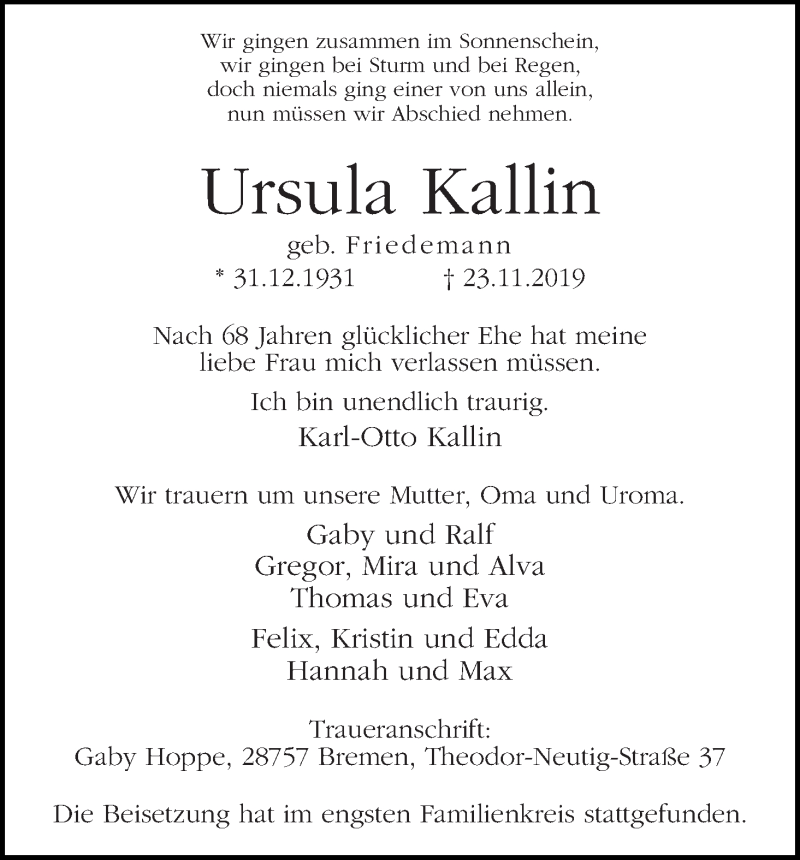 Traueranzeige von Ursula Kallin von Die Norddeutsche