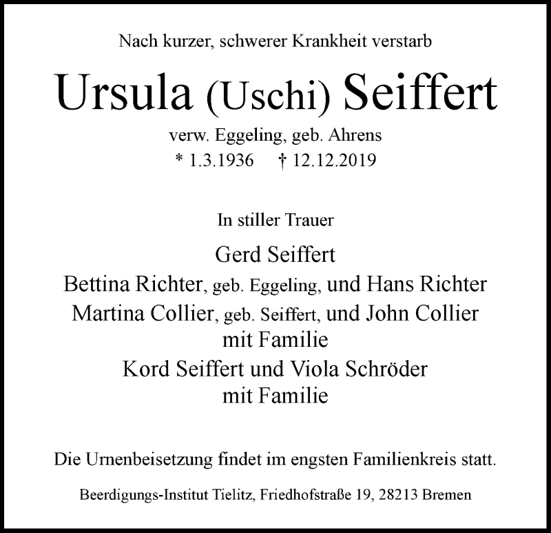 Traueranzeige von Ursula Seiffert von WESER-KURIER