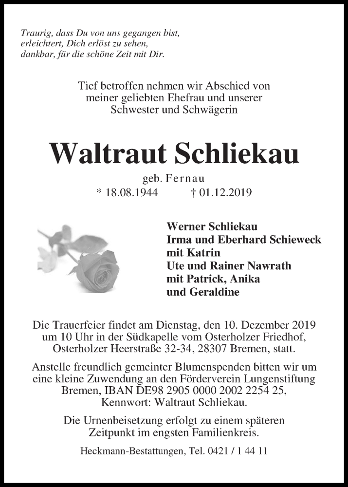 Traueranzeige von Waltraut Schliekau von WESER-KURIER