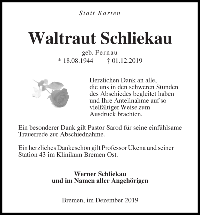 Traueranzeige von Waltraut Schliekau von WESER-KURIER