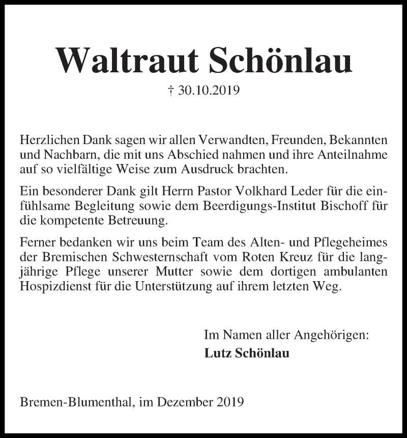 Traueranzeige von Waltraut Schönlau von Die Norddeutsche