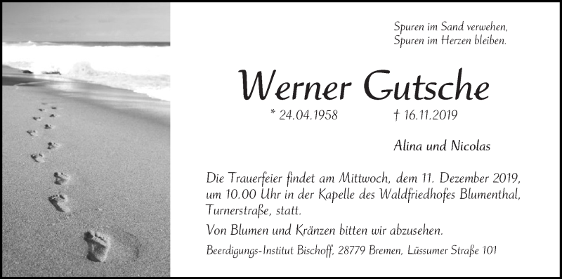 Traueranzeige von Werner Gutsche von Die Norddeutsche