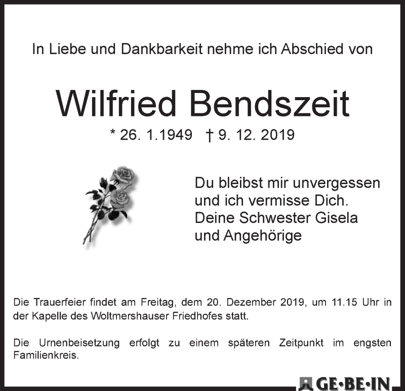 Traueranzeige von Wilfried Bendszeit von WESER-KURIER