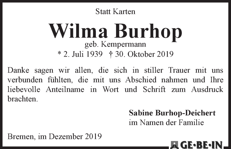 Traueranzeige von Wilma Burhop von WESER-KURIER