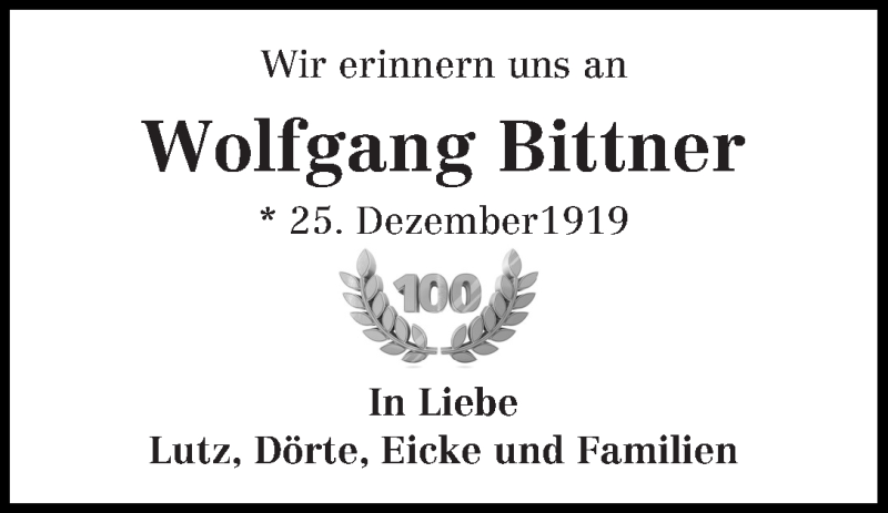 Traueranzeige von Wolfgang Bittner von WESER-KURIER