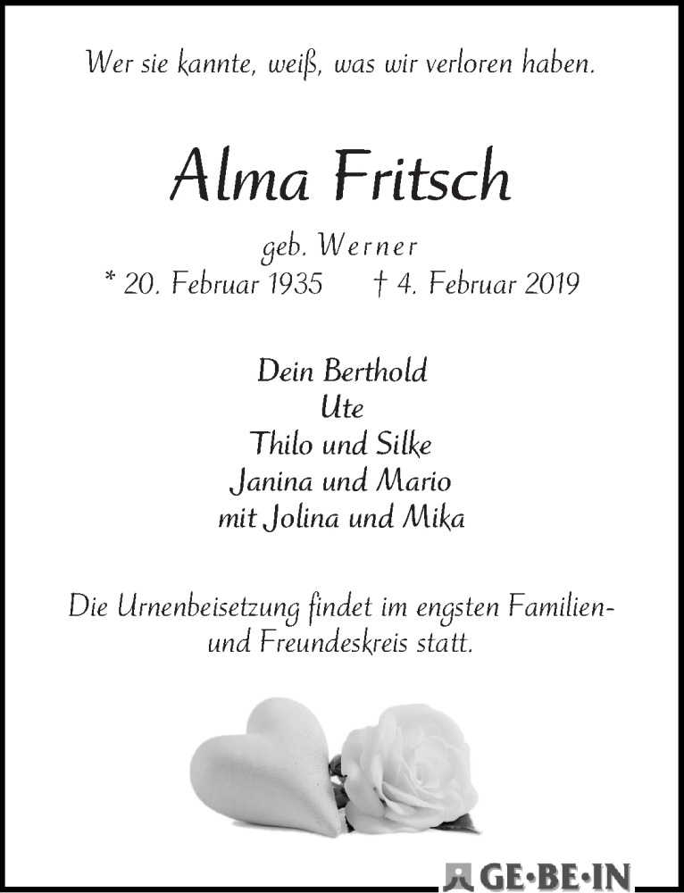 Traueranzeige von Alma Fritsch von WESER-KURIER