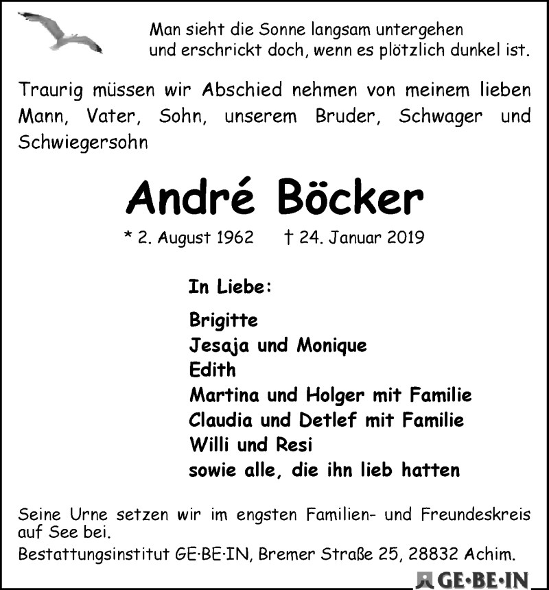Traueranzeige von André Böcker von WESER-KURIER
