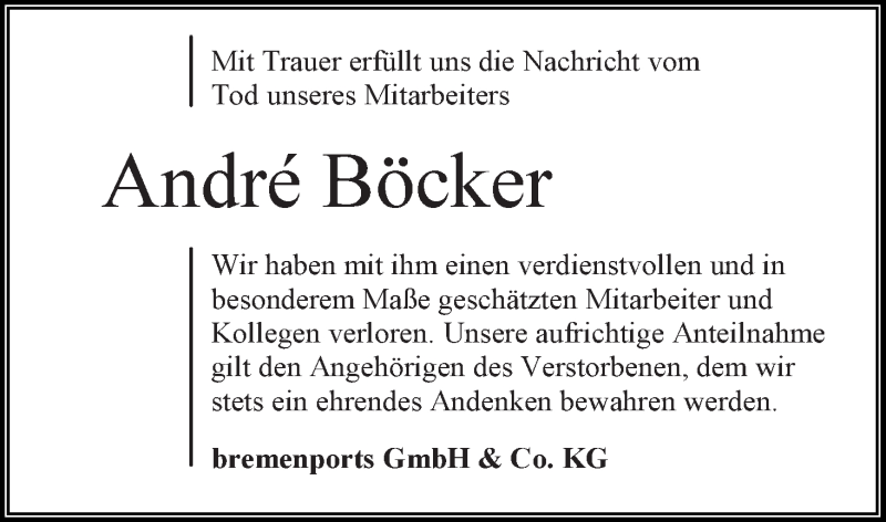 Traueranzeige von André Böcker von WESER-KURIER