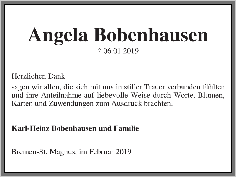 Traueranzeige von Angela Bobenhausen von Die Norddeutsche