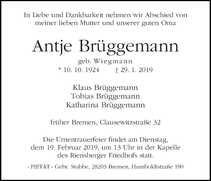 Traueranzeige von Antje Brüggemann von WESER-KURIER