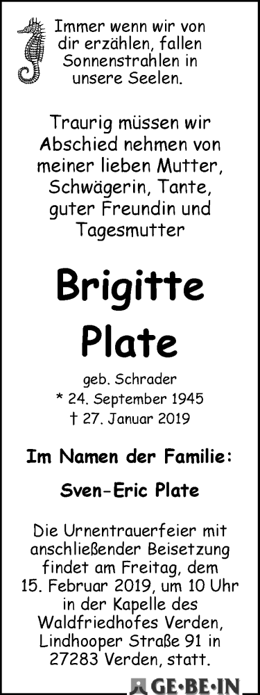 Traueranzeige von Brigitte Plate von WESER-KURIER