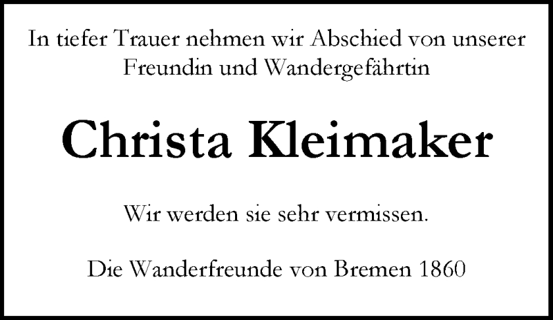 Traueranzeige von Christa Kleimaker von WESER-KURIER