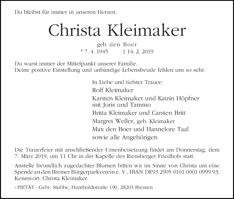 Traueranzeige von Christa Kleimaker von WESER-KURIER