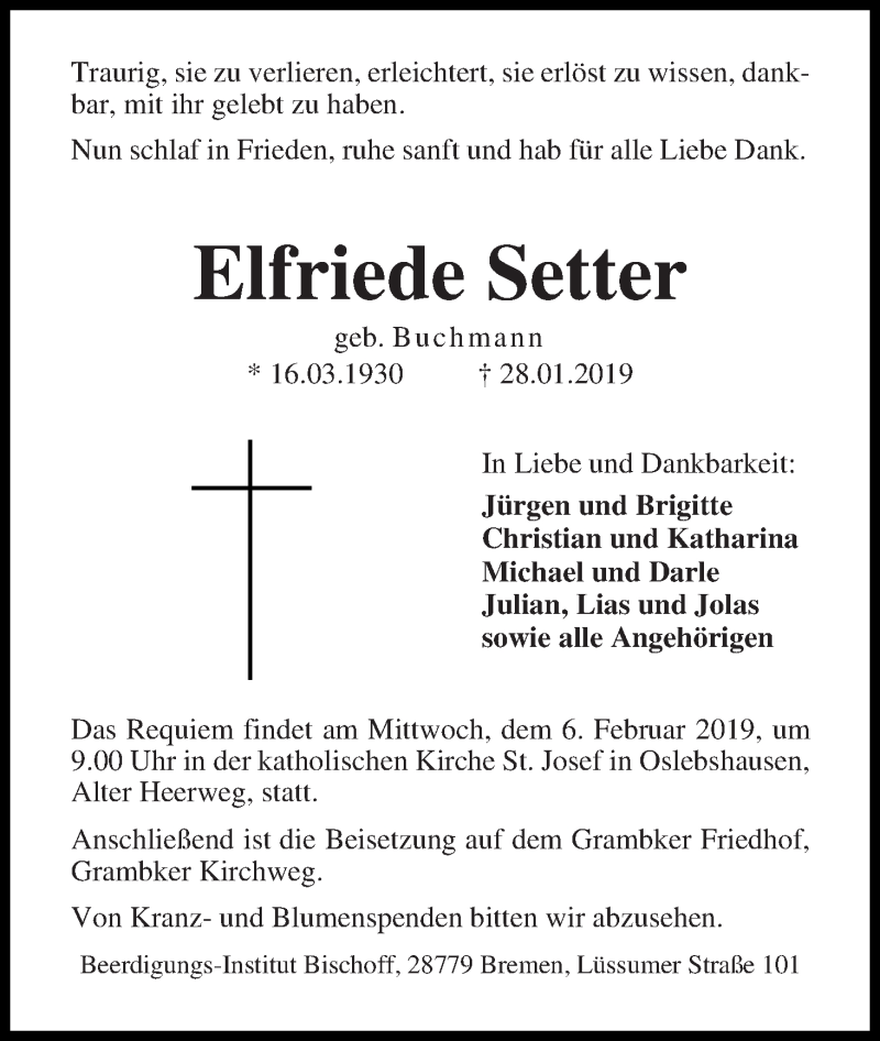 Traueranzeige von Elfriede Setter von Die Norddeutsche