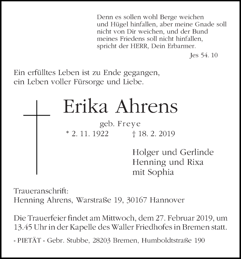 Traueranzeige von Erika Ahrens von WESER-KURIER