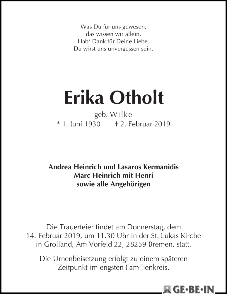 Traueranzeige von Erika Otholt von WESER-KURIER