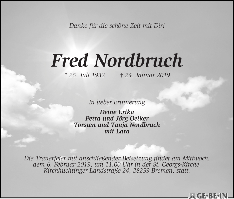 Traueranzeige von Fred Nordbruch von WESER-KURIER