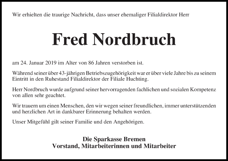Traueranzeige von Fred Nordbruch von WESER-KURIER