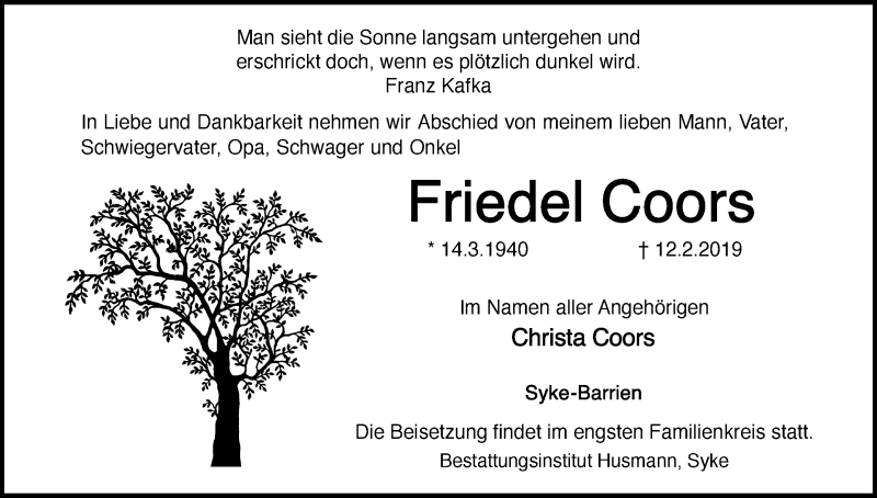 Traueranzeige von Friedel Coors von WESER-KURIER