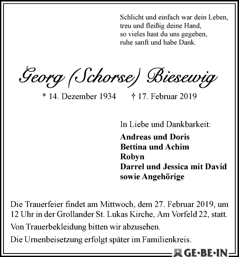 Traueranzeige von Georg Biesewig von WESER-KURIER