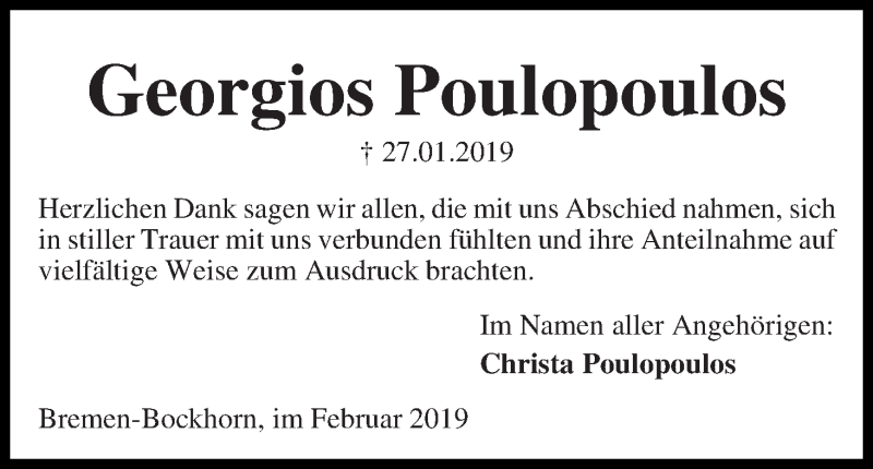 Traueranzeige von Georgios Poulopoulos von WESER-KURIER