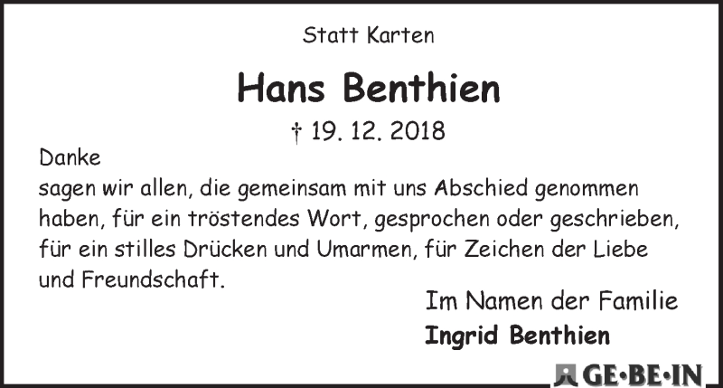 Traueranzeige von Hans Benthien von WESER-KURIER