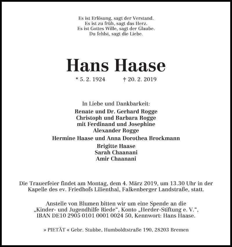 Traueranzeige von Hans Haase von WESER-KURIER