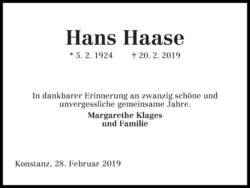 Traueranzeige von Hans Haase von WESER-KURIER