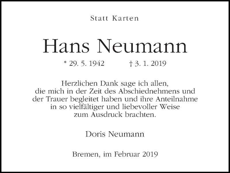 Traueranzeige von Hans Neumann von WESER-KURIER