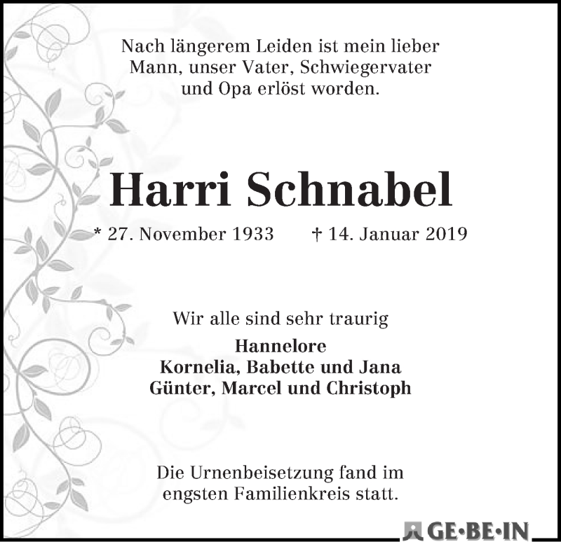 Traueranzeige von Harri Schnabel von WESER-KURIER