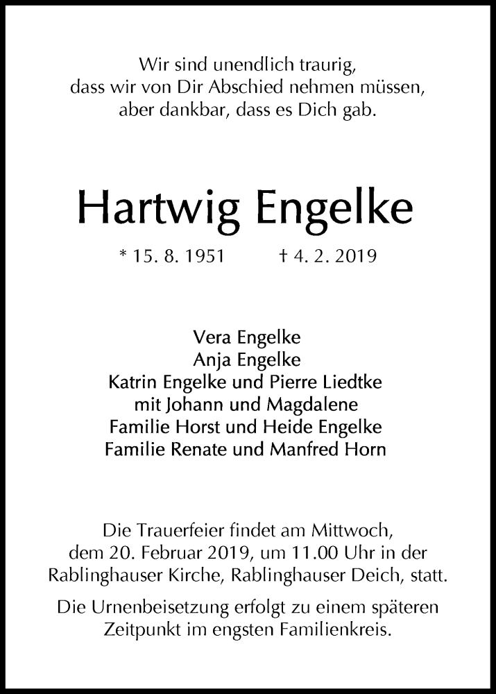 Traueranzeige von Hartwig Engelke von WESER-KURIER
