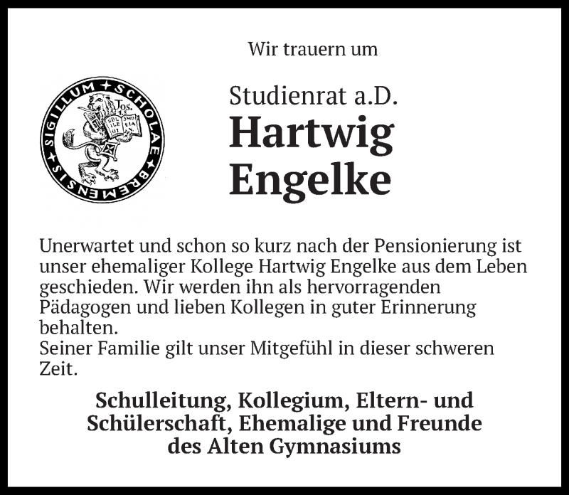 Traueranzeige von Hartwig Engelke von WESER-KURIER
