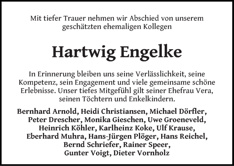 Traueranzeige von Hartwig Engelke von WESER-KURIER