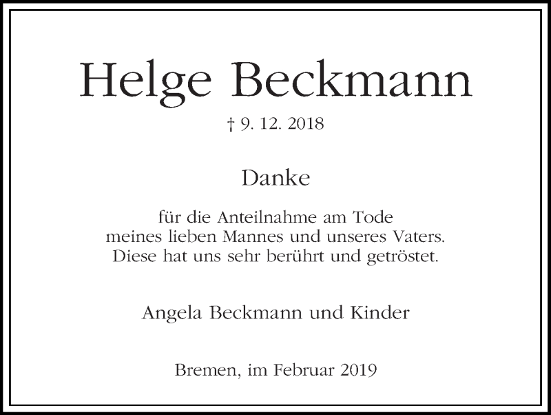 Traueranzeige von Helge Beckmann von Die Norddeutsche