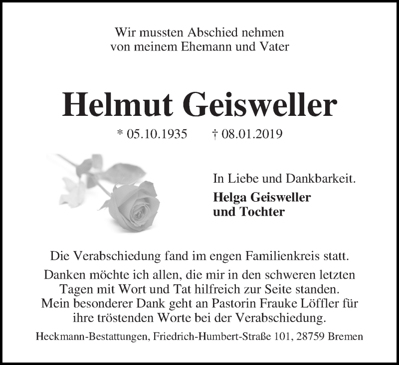 Traueranzeige von Helmut Geisweller von Die Norddeutsche